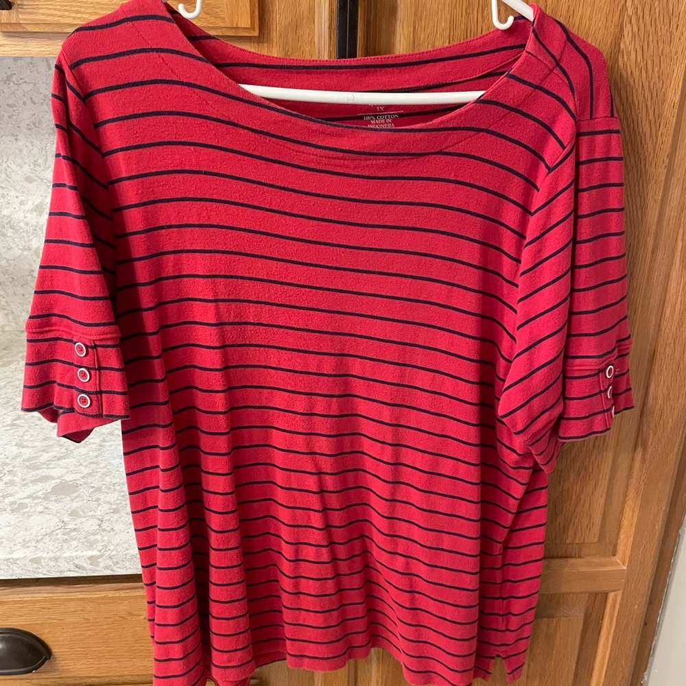 CJ Banks Red and Navy Striped Short Sleeve Top